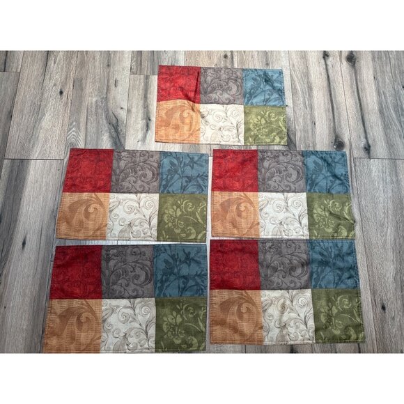 Set Of 5 Colorful Embroidered Patchwork Placemats 19" X 13" Kitchen Table Linens - Picture 1 of 5